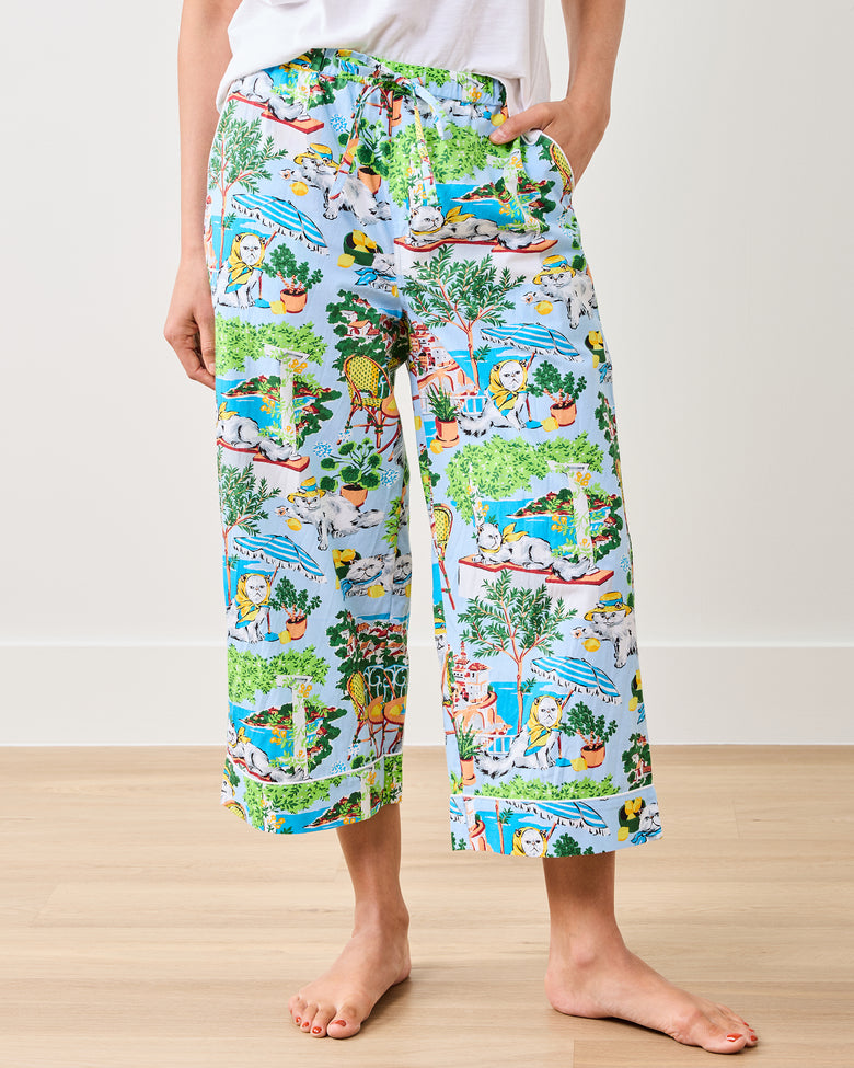 Mediterranean Meow - Cropped PJ Pants - Amalfi Blue - Printfresh