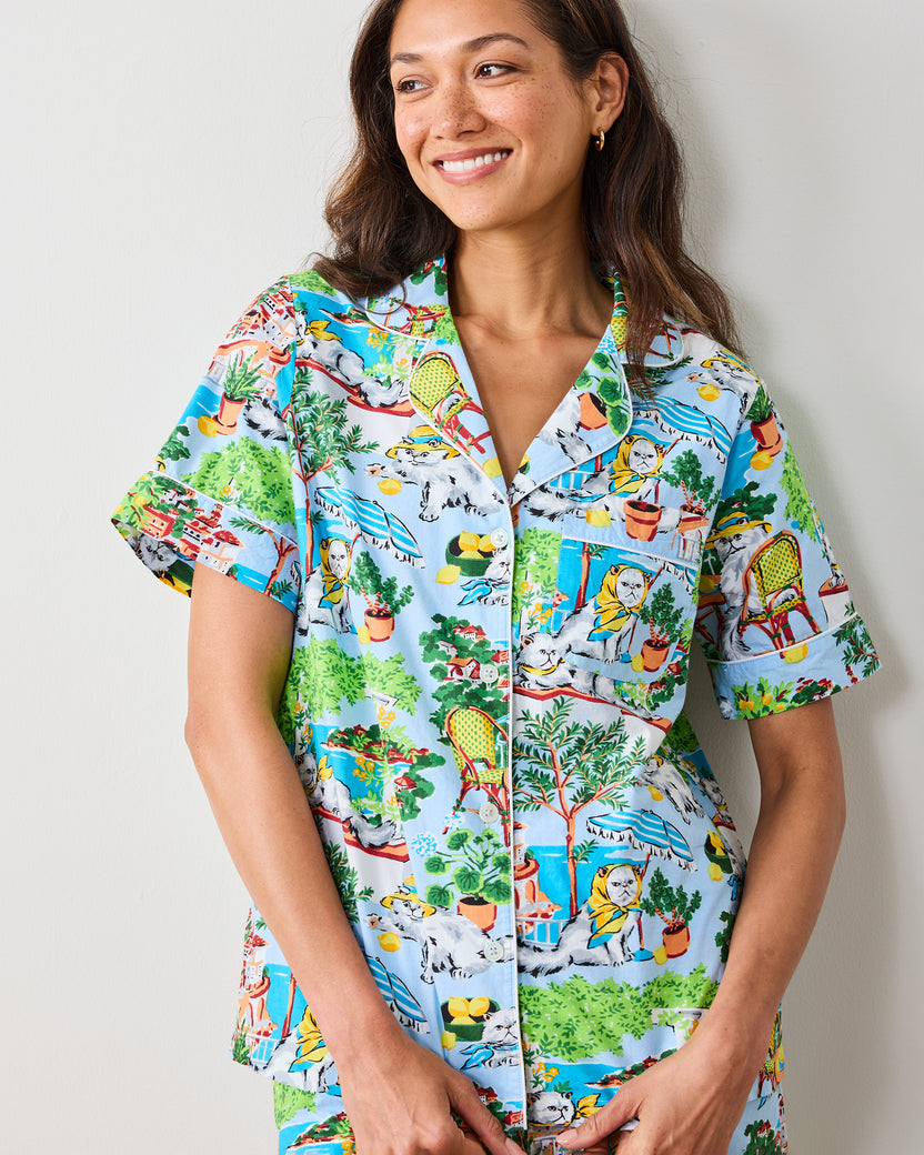 Mediterranean Meow - Short Sleeve Top & Cropped Pants Set - Amalfi Blue - Printfresh