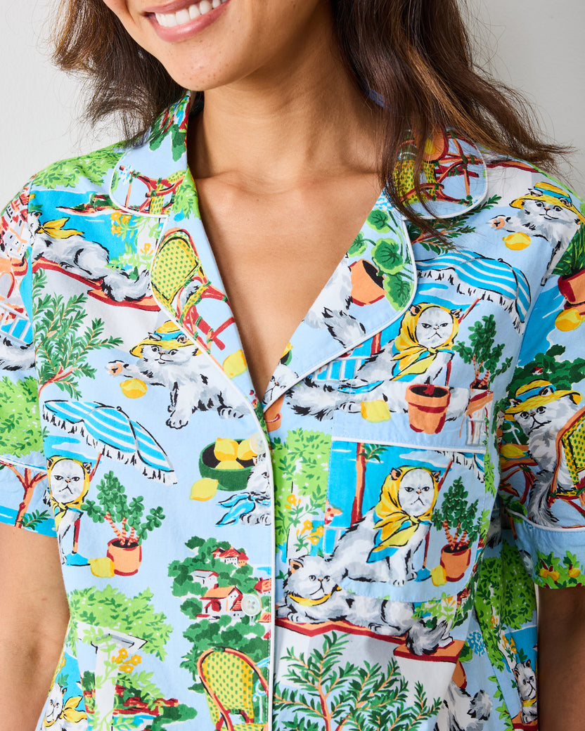 Mediterranean Meow - Short Sleeve Top & Cropped Pants Set - Amalfi Blue - Printfresh