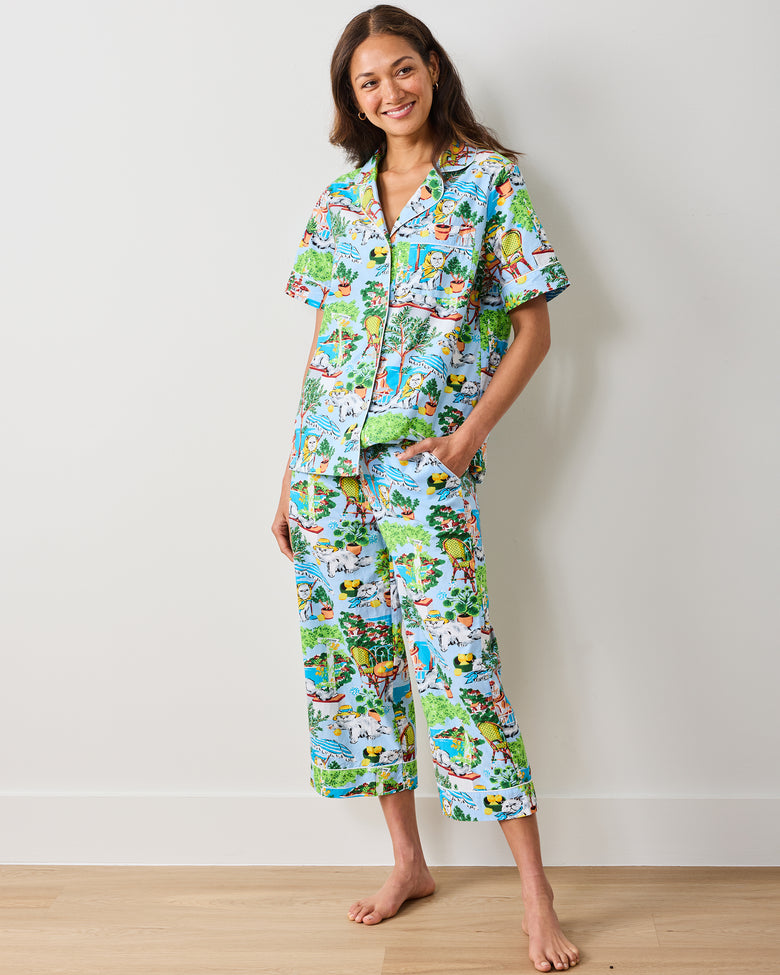 Mediterranean Meow - Short Sleeve Top & Cropped Pants Set - Amalfi Blue - Printfresh