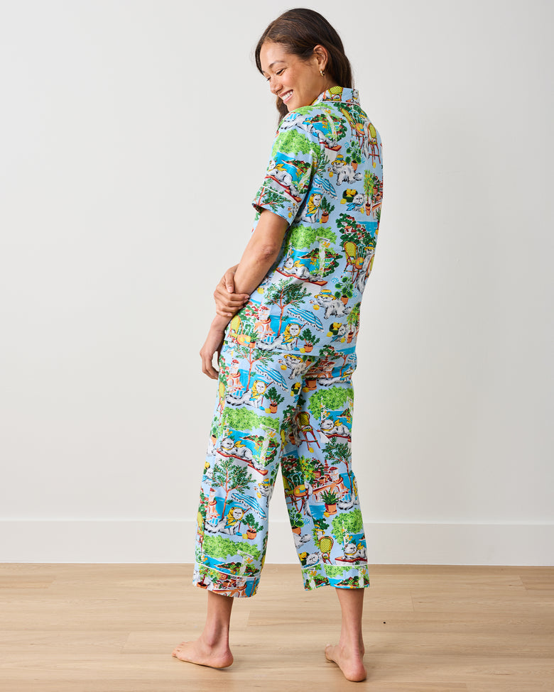 Mediterranean Meow - Short Sleeve Top & Cropped Pants Set - Amalfi Blue - Printfresh