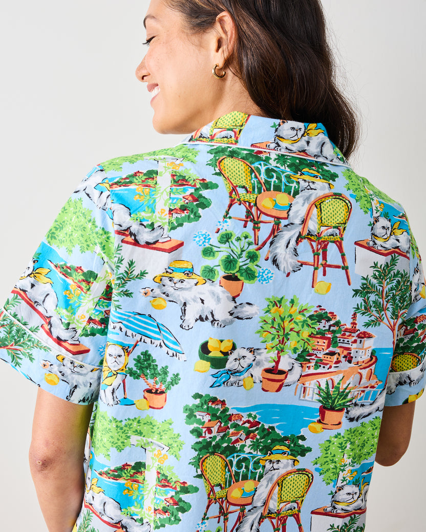 Mediterranean Meow - Short Sleeve Top & Cropped Pants Set - Amalfi Blue - Printfresh