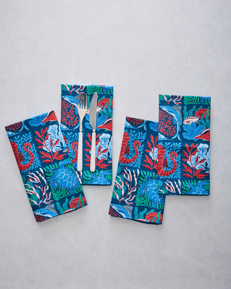 Stained Glass Sea - Dinner Napkins Set Of 4 - Seaside Blue - Printfresh