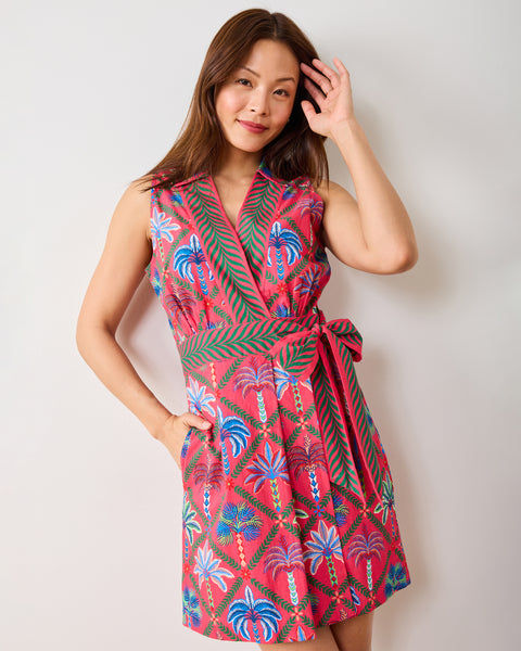 Organic Cotton Sleeveless Mini Wrap Dress in Palm Tree Paradise | Women's M Organic Cotton Sleeveless Mini Wrap Dress in Palm Tree Paradise | Women's M