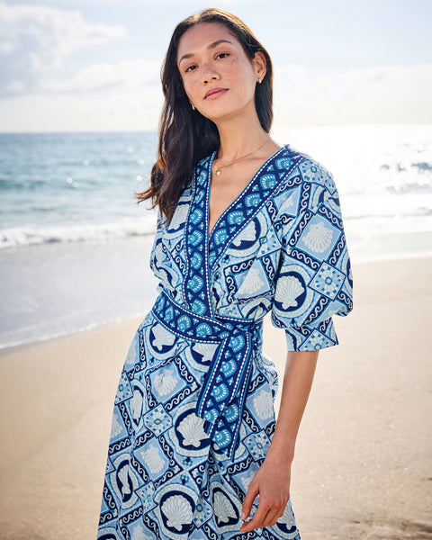 Organic Cotton Half Sleeve V Neck Maxi Dress in Tide & Tile | Women's S | Blue