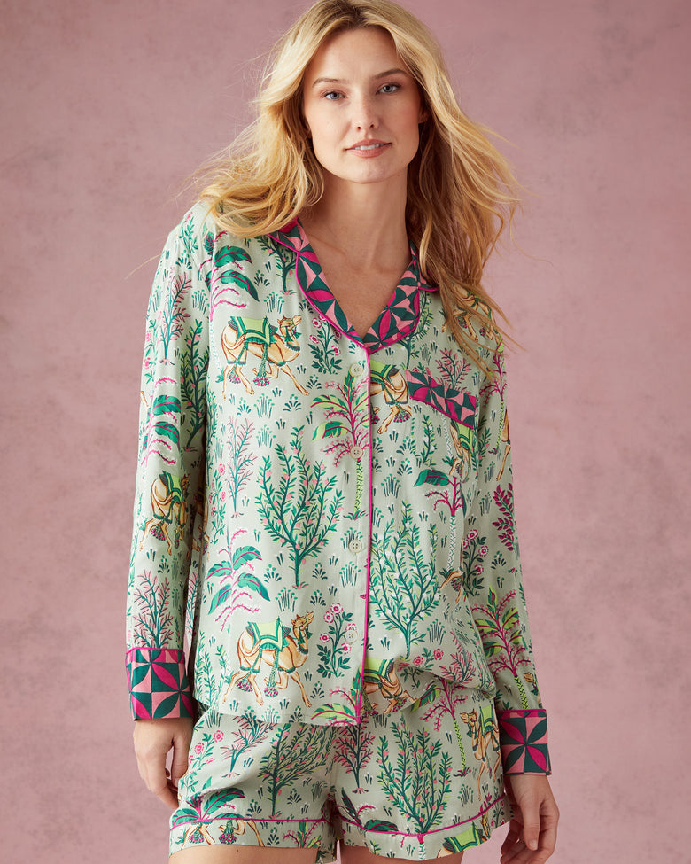 Camel's Courtyard - Satin Long Sleeve Top and Shorts Set - Avocado - Printfresh