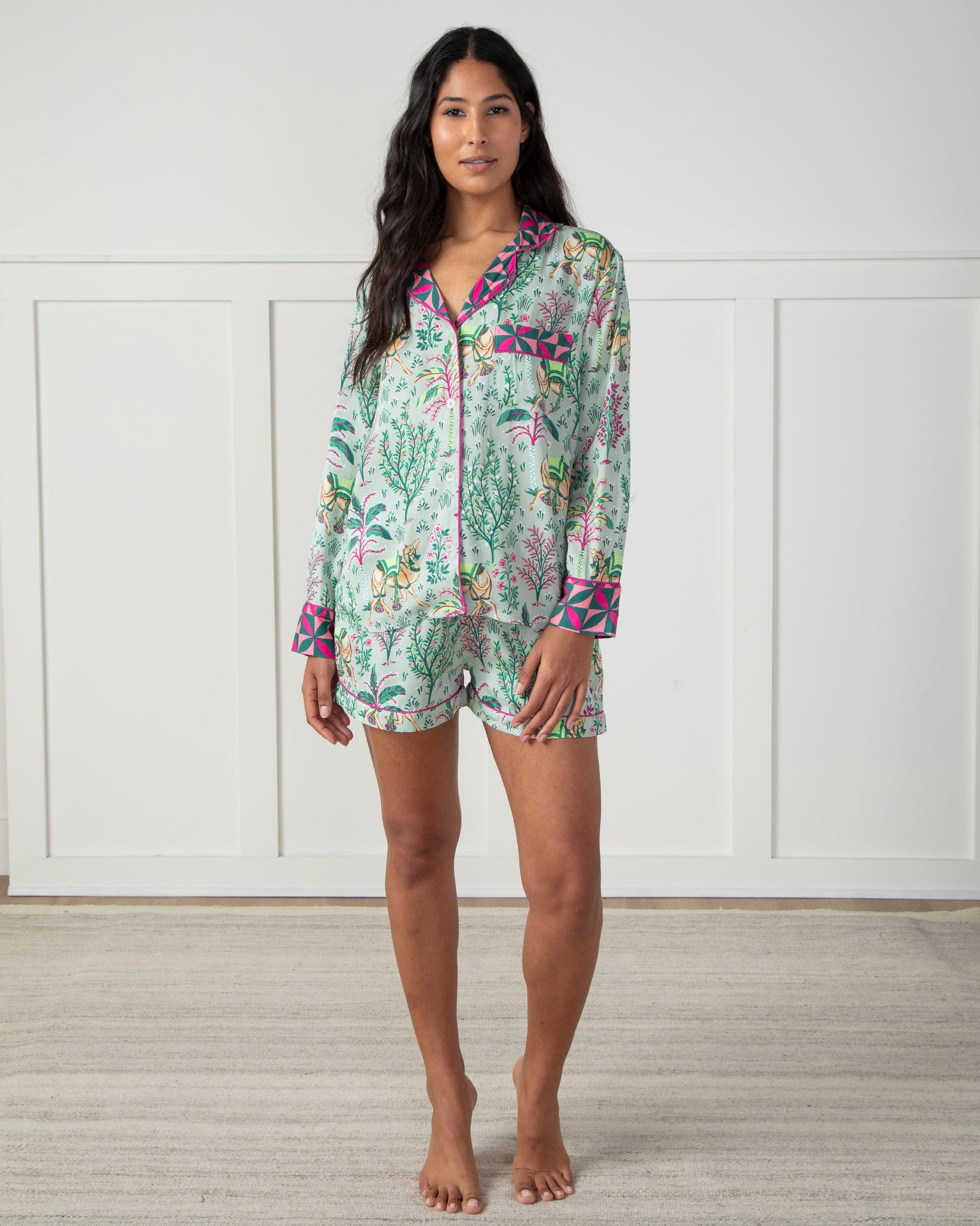 Camel's Courtyard - Satin Long Sleeve Top and Shorts Set - Avocado - Printfresh