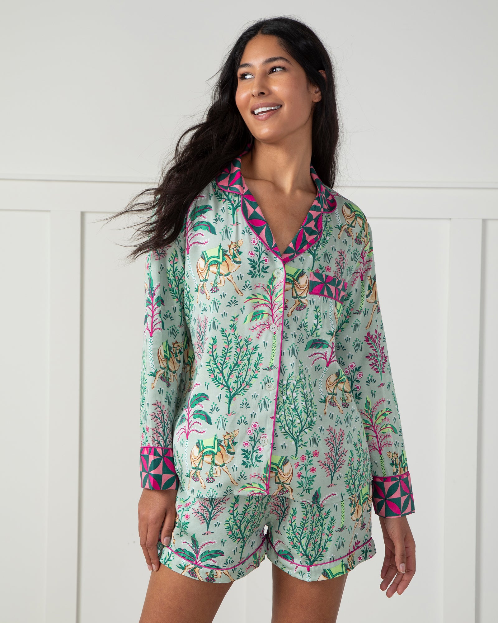 Camel's Courtyard - Satin Long Sleeve Top and Shorts Set - Avocado - Printfresh