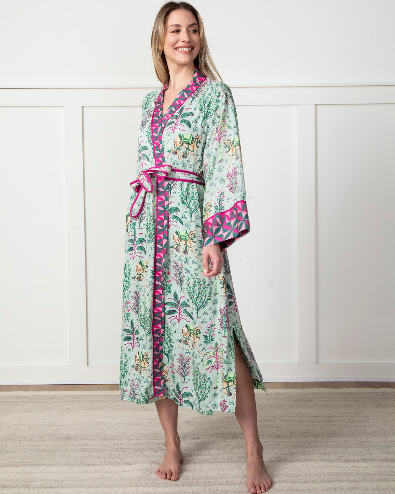 Camel's Courtyard - Satin Robe - Avocado - Printfresh