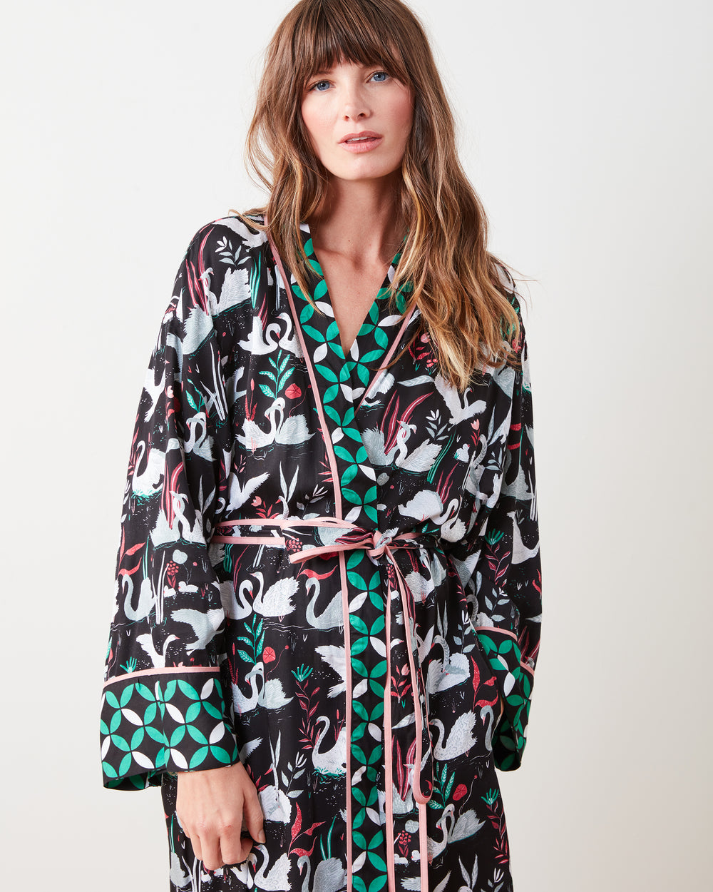 Enchanted Swans - Satin Robe - Starless Sky - Printfresh