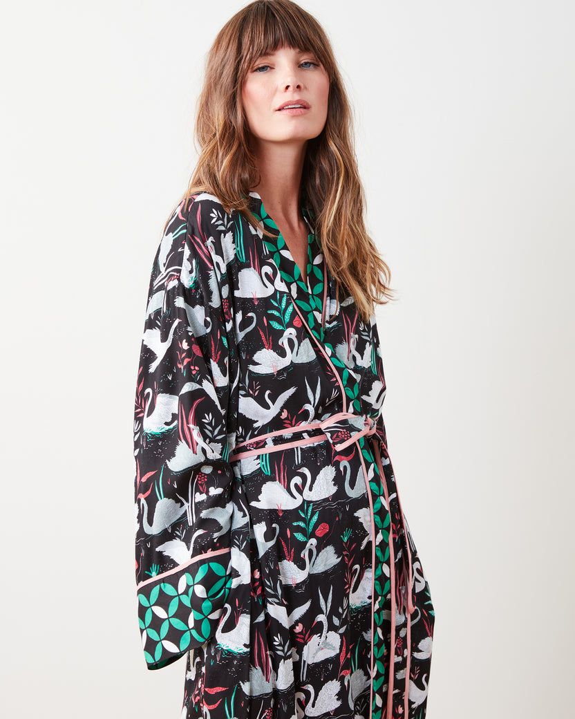 Enchanted Swans - Eco Satin Robe - Starless Sky - Printfresh