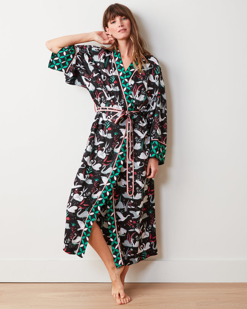Enchanted Swans - Eco Satin Robe - Starless Sky - Printfresh