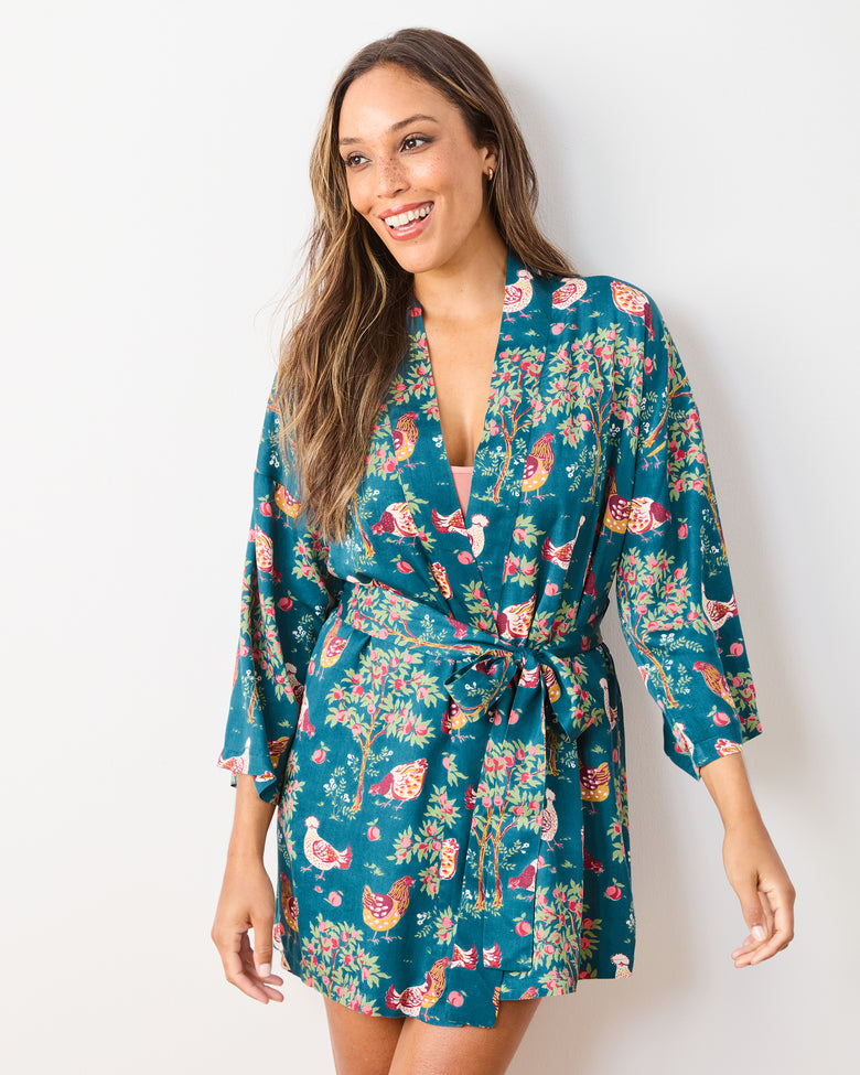 Hen House - Eco Satin Glam Mini Robe - Navy - Printfresh