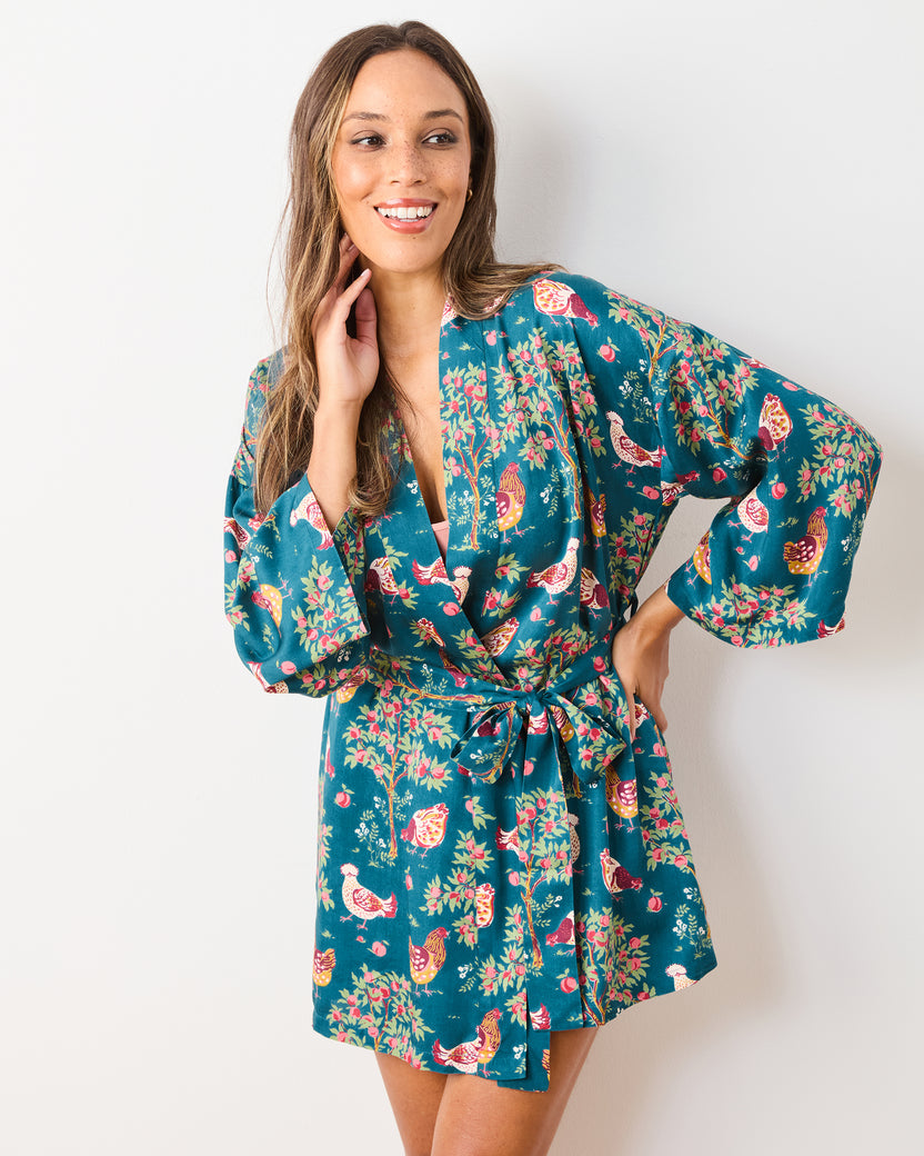 Hen House - Eco Satin Glam Mini Robe - Navy - Printfresh