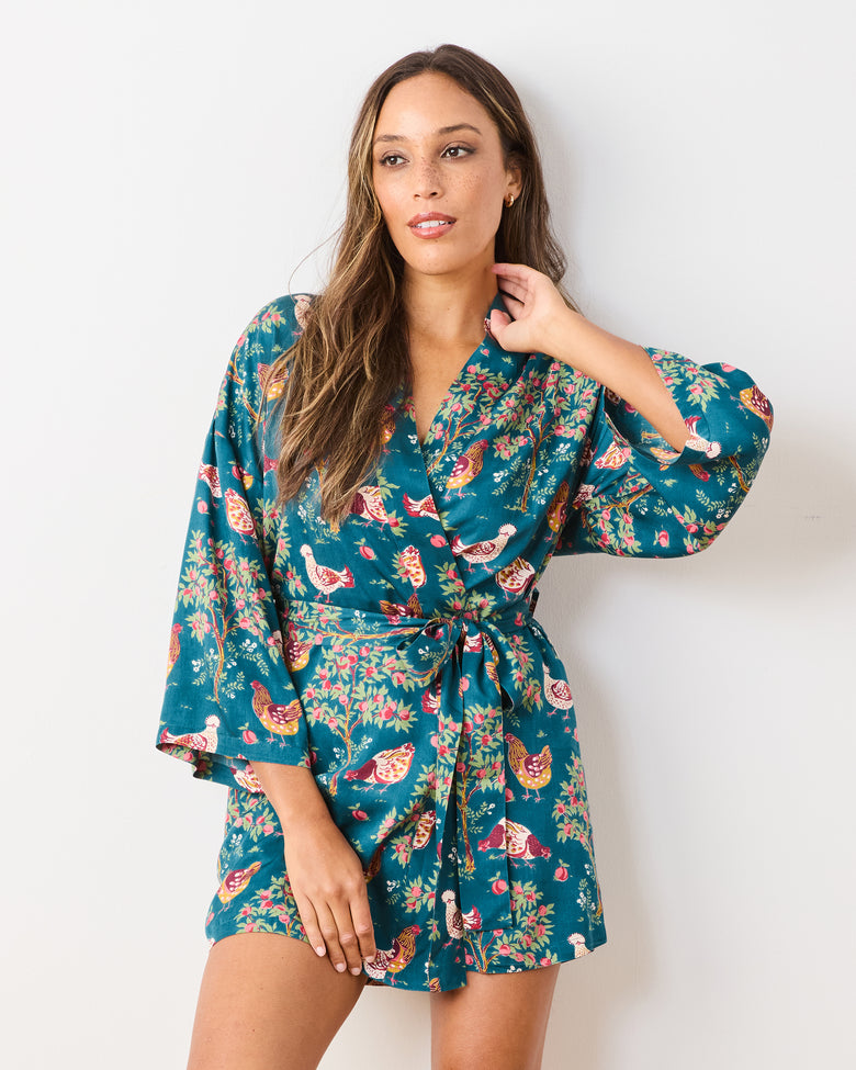 Hen House - Eco Satin Glam Mini Robe - Navy - Printfresh