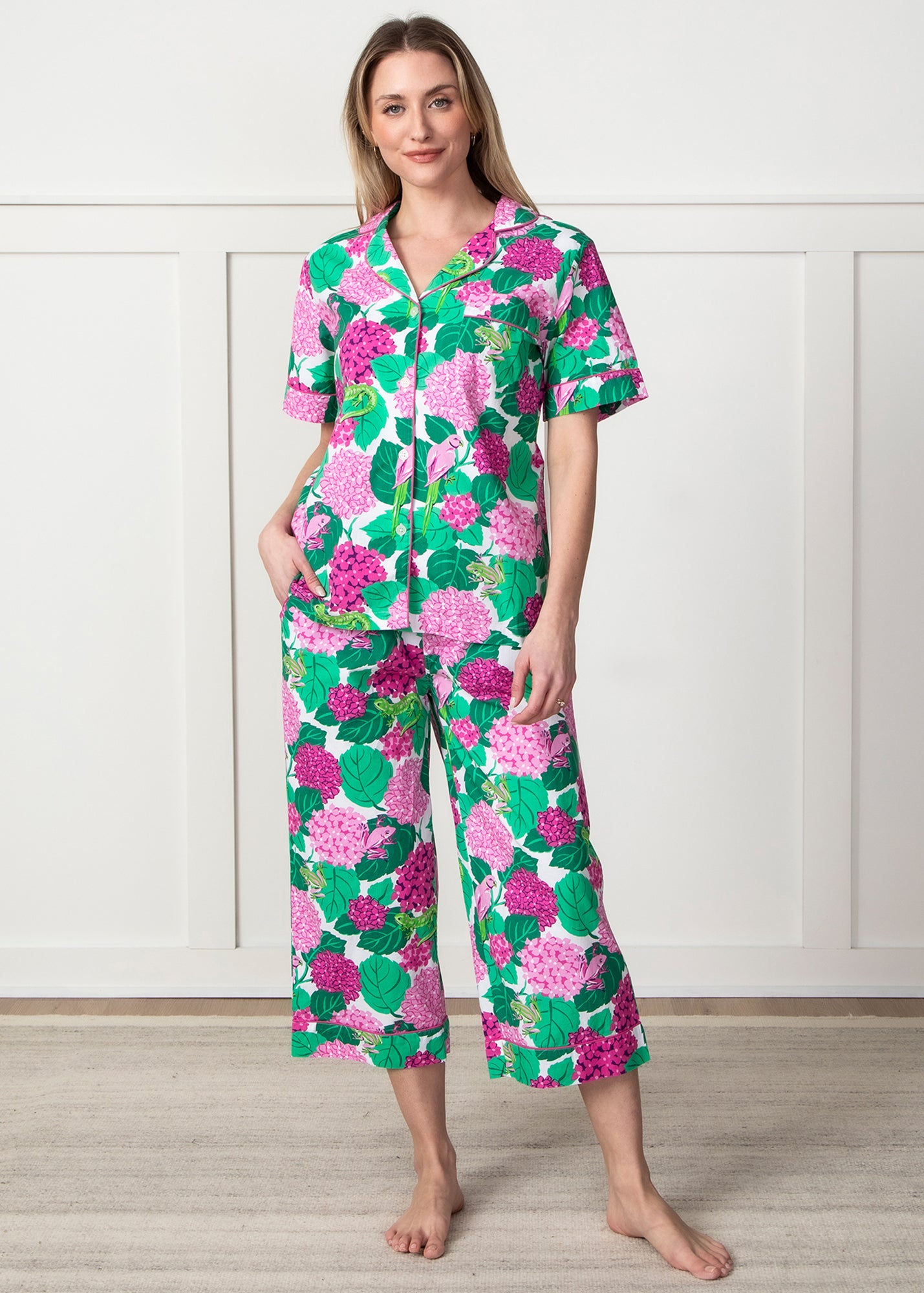 Secret Garden - Short Sleeve Top & Cropped Pants Set - Pink Hydrangea - Printfresh