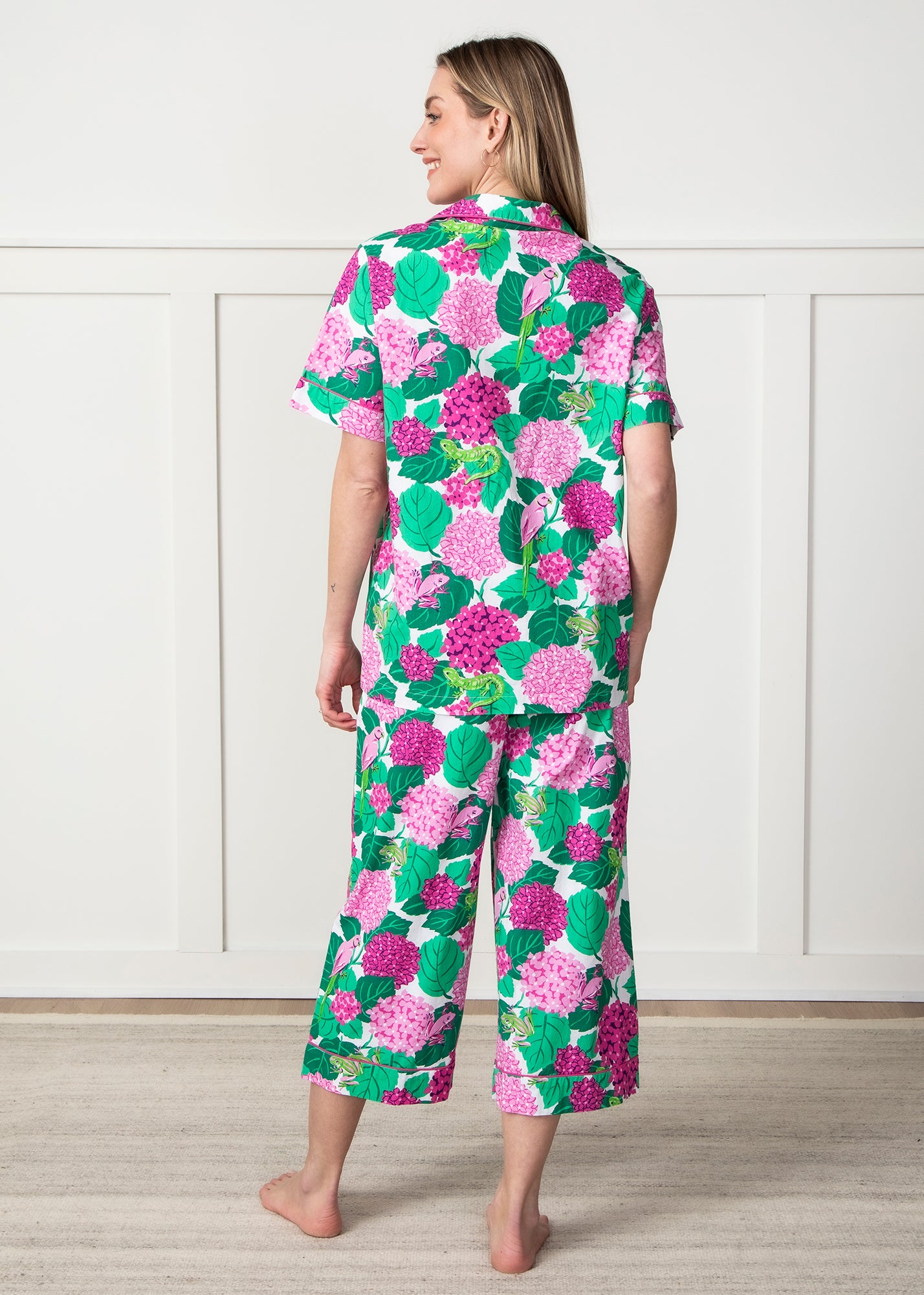 Secret Garden - Short Sleeve Top & Cropped Pants Set - Pink Hydrangea - Printfresh