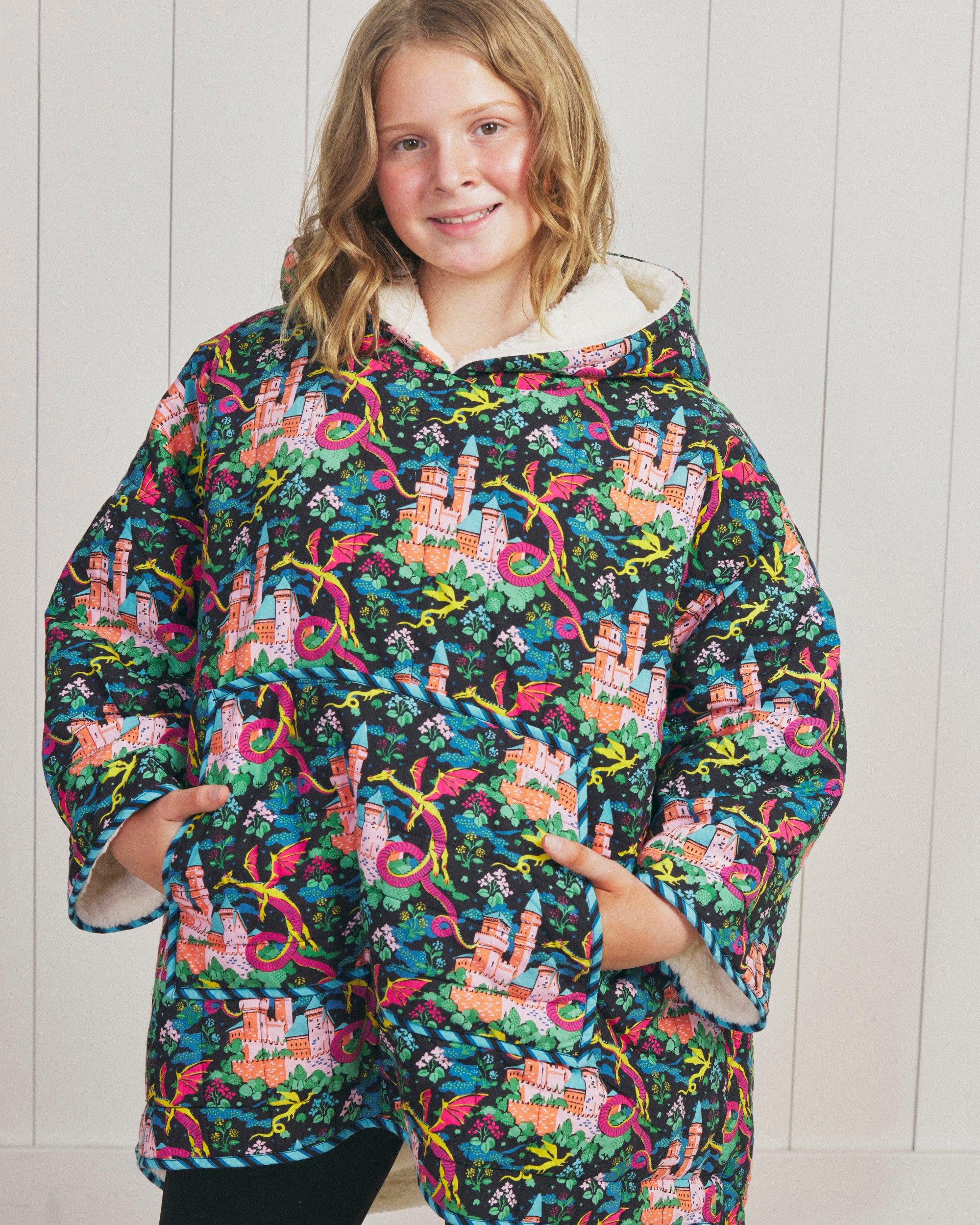 Dragon Dreams - Youth Quilted Sherpa Poncho - Chalkboard - Printfresh