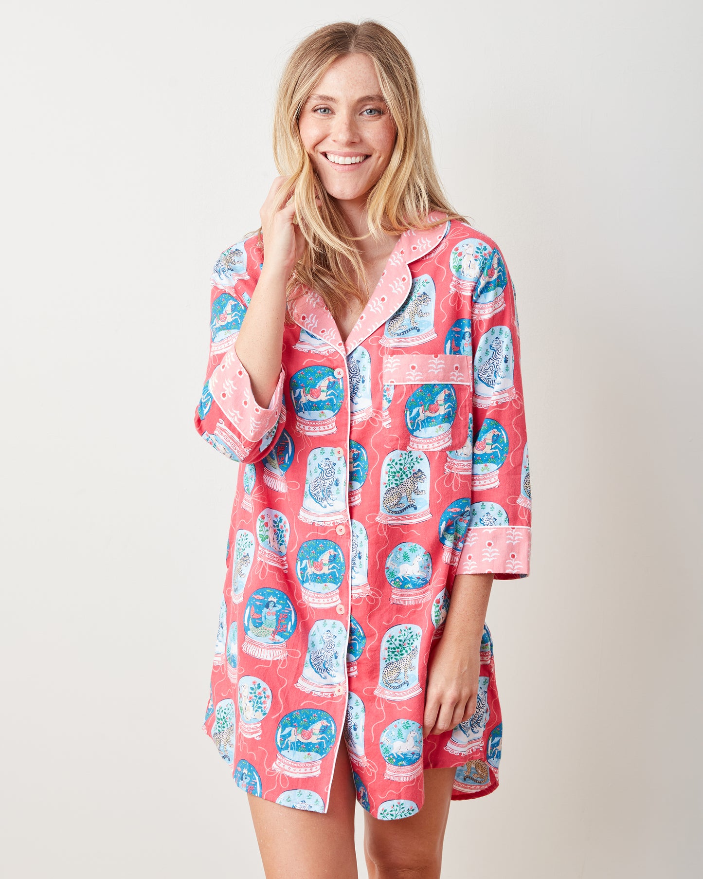 Snow Globe Magic - Lightweight Flannel Sleep Shirt - Red Ribbon - Printfresh