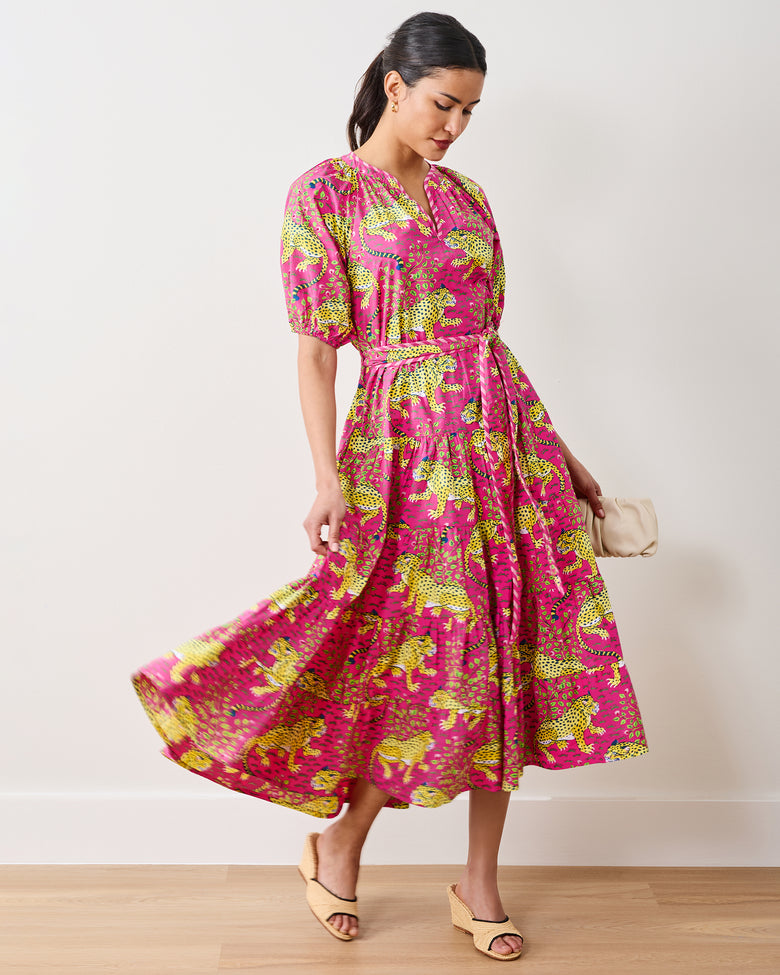 Organic Cotton Belted Puffed Sleeve Midi Dress in Leopard Bagheera | Women's S | Pink Organic Cotton Belted Puffed Sleeve Midi Dress in Leopard Bagheera | Women's S | Pink