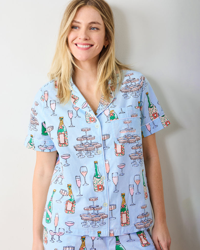 Champagne Tower - Women's Organic Cotton Short PJ Set - Soft Blue Printfresh Champagne Tower - Women's Organic Cotton Short PJ Set - Soft Blue Printfresh