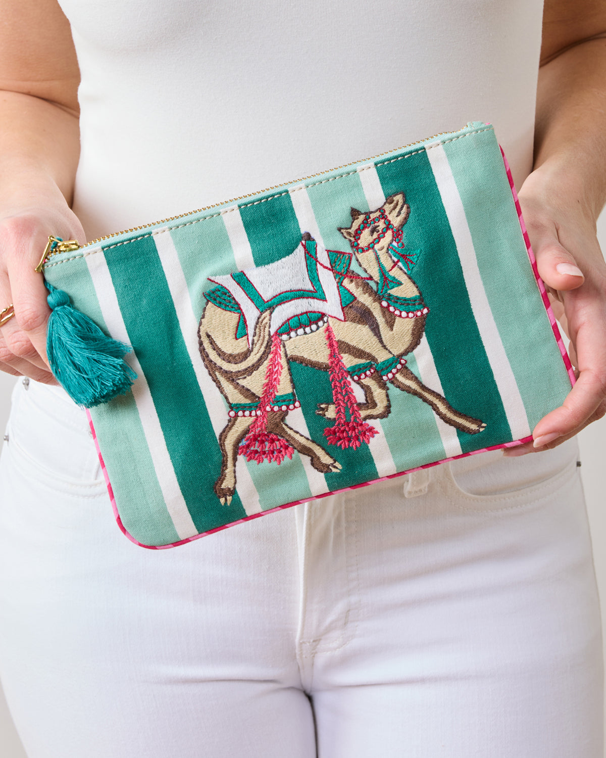 Camel's Courtyard - Embroidered Pouch - Avocado - Printfresh