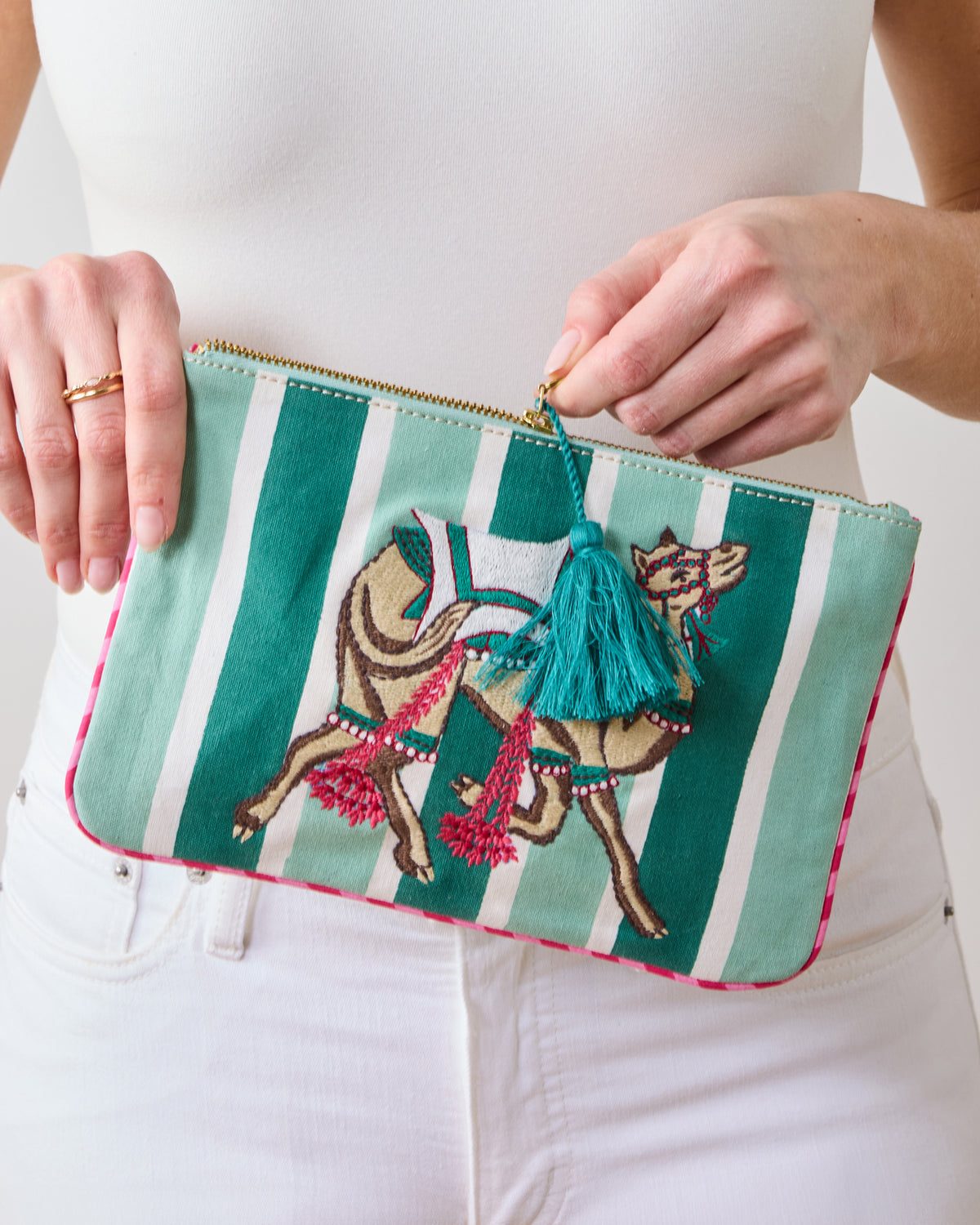 Camel's Courtyard - Embroidered Pouch - Avocado - Printfresh