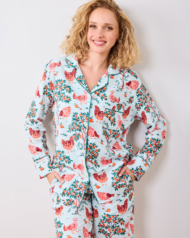 Organic Cotton Long Pajama Set in Hen House | Women's Plus Size 5X | Blue Organic Cotton Long Pajama Set in Hen House | Women's Plus Size 5X | Blue