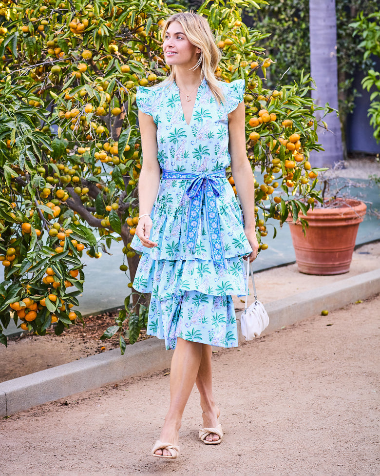 Organic Cotton Tiered Midi Dress with Ruffle Sleeves in Leopard Mirage | Women's M | Blue Organic Cotton Tiered Midi Dress with Ruffle Sleeves in Leopard Mirage | Women's M | Blue