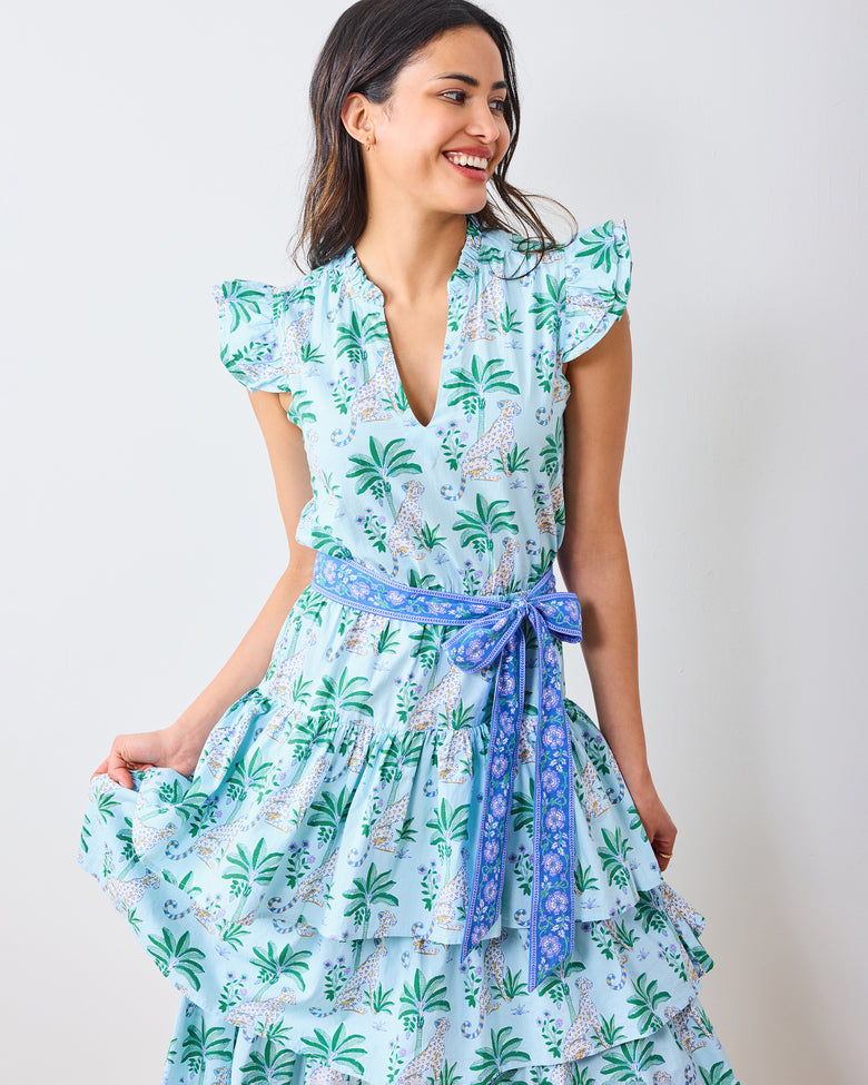 Organic Cotton Tiered Midi Dress with Ruffle Sleeves in Leopard Mirage | Women's M | Blue Organic Cotton Tiered Midi Dress with Ruffle Sleeves in Leopard Mirage | Women's M | Blue