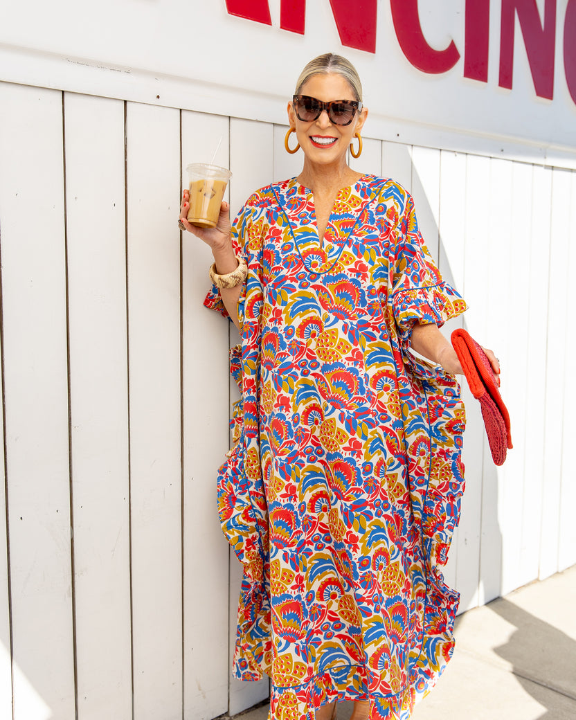PF + Pencil & Paper Co. Bahama Blooms - Harbor Caftan - Blue & Red - Printfresh