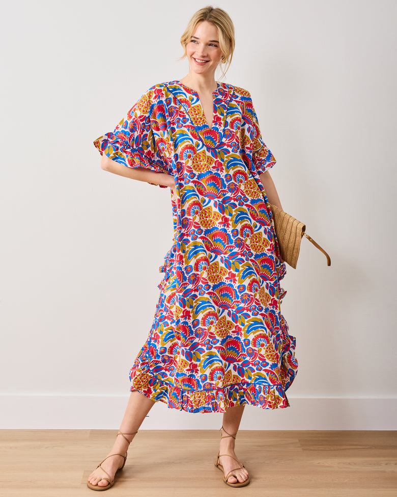 PF + Pencil & Paper Co. Bahama Blooms - Harbor Caftan - Blue & Red - Printfresh