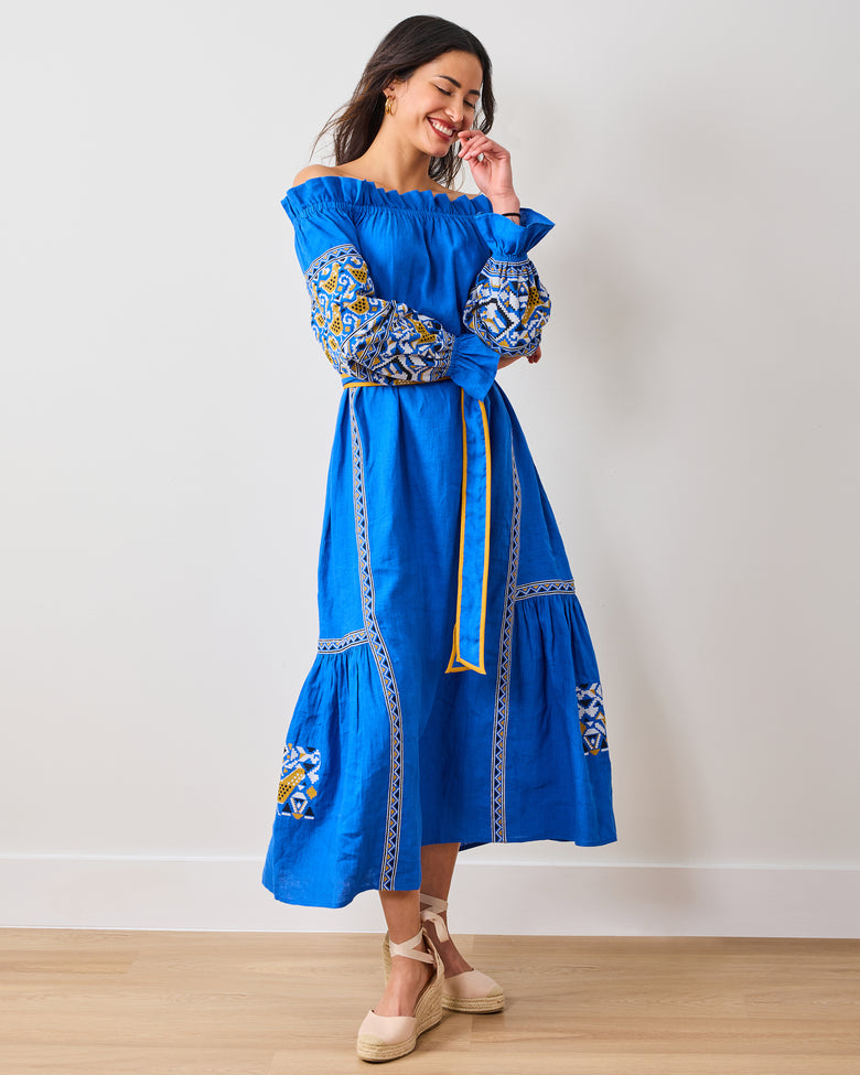Printfresh x Pencil & Paper Linen Long-Sleeve Embroidered Midi Dress in PF + Pencil & Paper Co. Embroidered Hens | Women's S | Blue Printfresh x Pencil & Paper Linen Long-Sleeve Embroidered Midi Dress in PF + Pencil & Paper Co. Embroidered Hens | Women's S | Blue