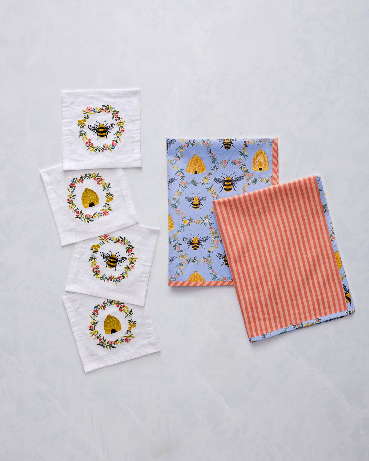 Sweet Bee - Tea Towels & Cocktail Napkins Bundle - Soft Blue - Printfresh