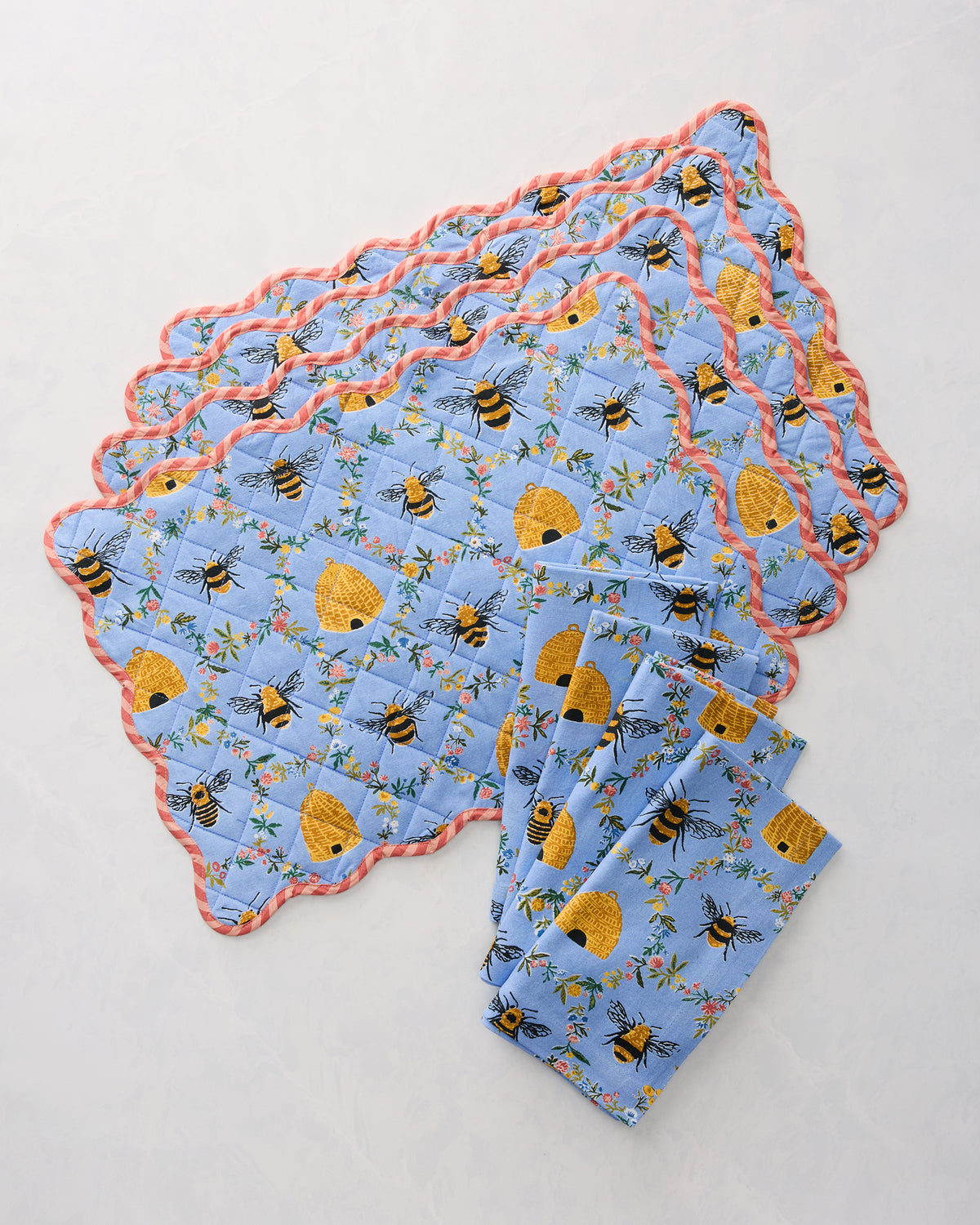 Sweet Bee - Set of 4 Placemats & Napkins Set - Soft Blue - Printfresh