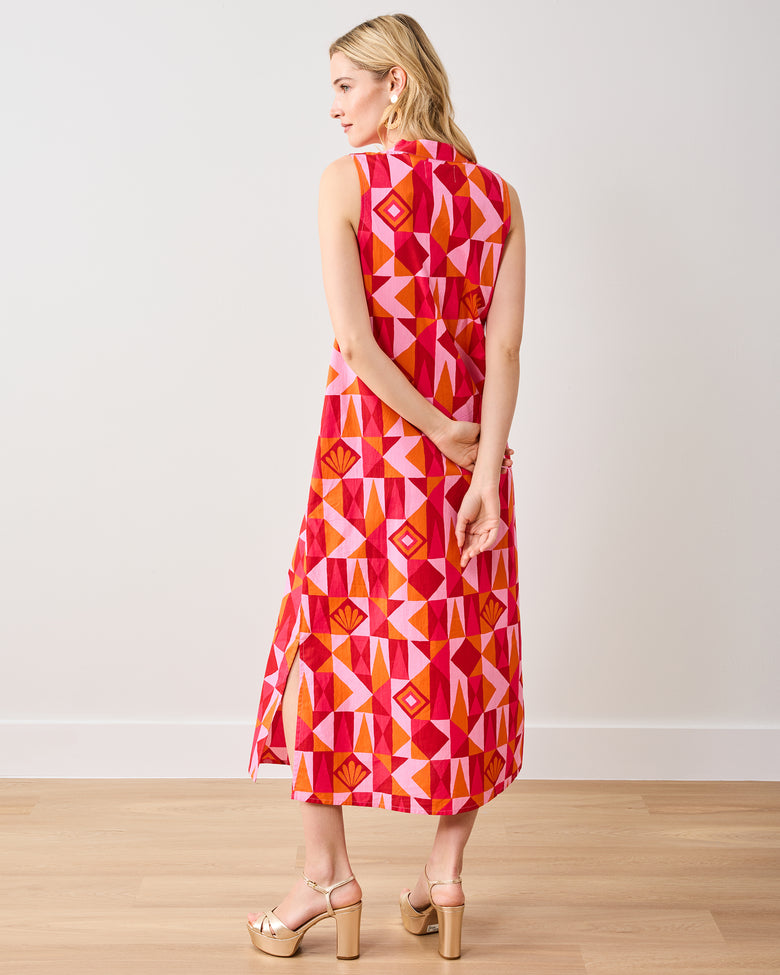 Organic Cotton Sleeveless Tunic V-Neck Midi Dress in Underwater Mosaic | Women's S