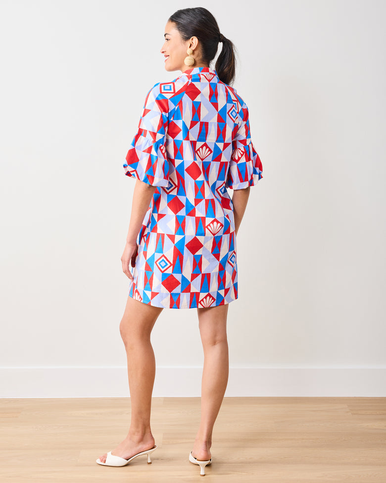 Organic Cotton V Neck Half Sleeve Mini Dress in Underwater Mosaic | Women's S | Red Organic Cotton V Neck Half Sleeve Mini Dress in Underwater Mosaic | Women's S | Red