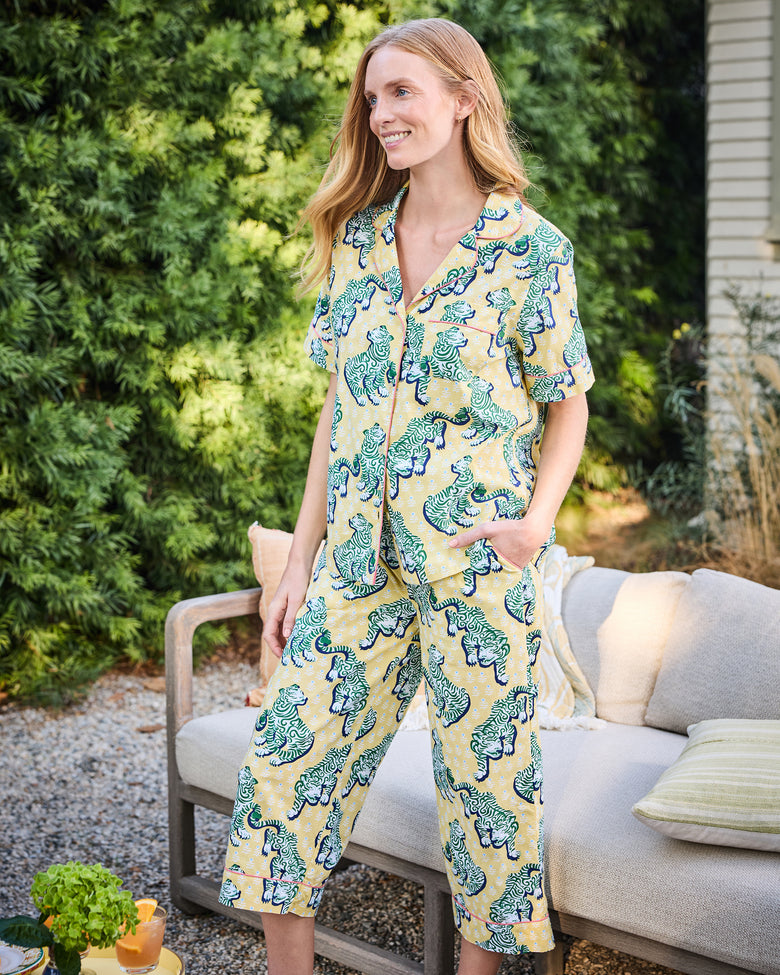 Tiger Queen - Short Sleeve Top & Cropped Pants Set - Citrine - Printfresh