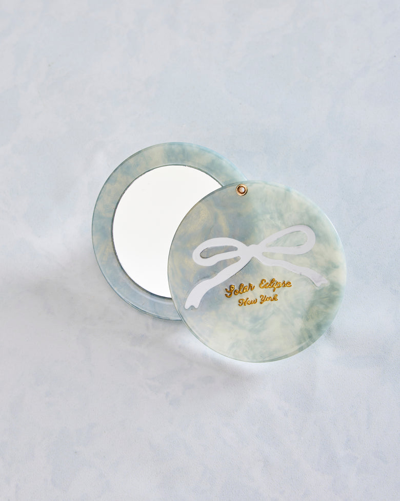 Solar Eclipse - Hand Painted Baby Blue Bow Compact Mirror - Baby Blue - Printfresh