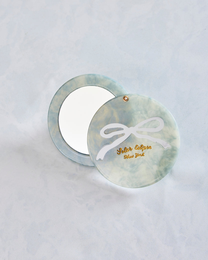 Solar Eclipse - Hand Painted Baby Blue Bow Compact Mirror - Baby Blue - Printfresh