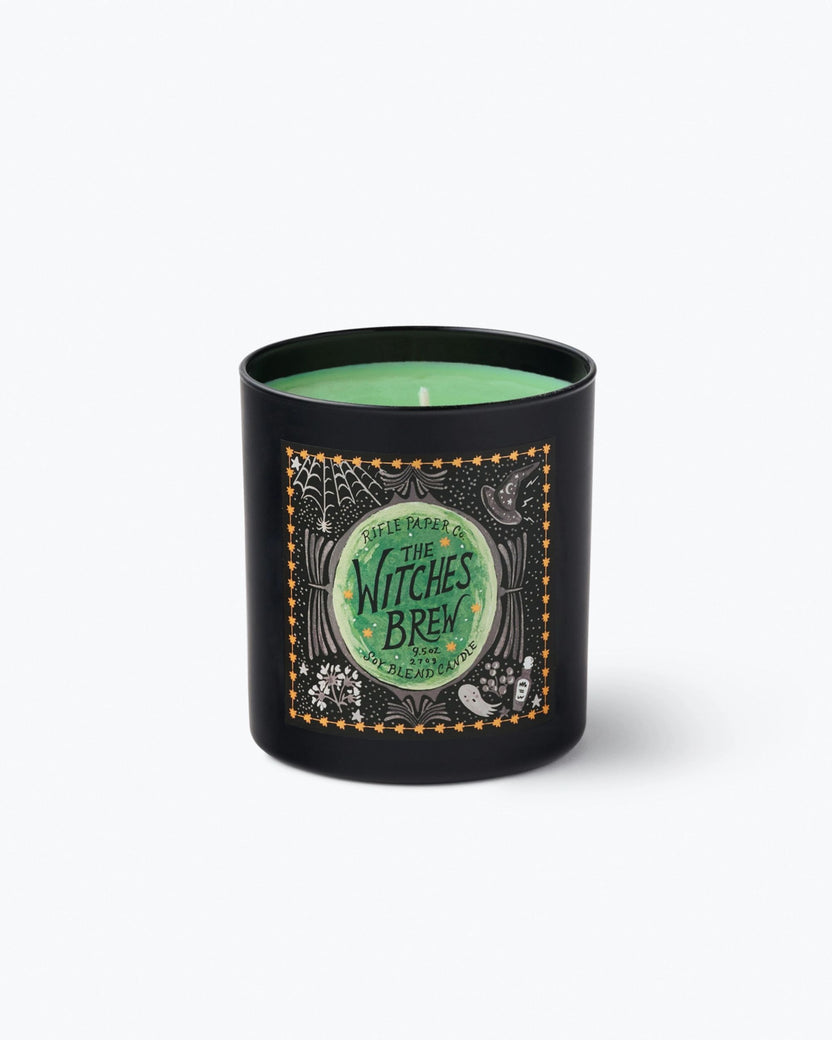 Front view of the black Witches Brew candle with green wax and an illustrated Halloween label.