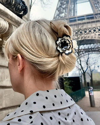 Black/White Combo - Hand Painted Origami Dianthus Flower Hair Clip - Solar Eclipse - Printfresh