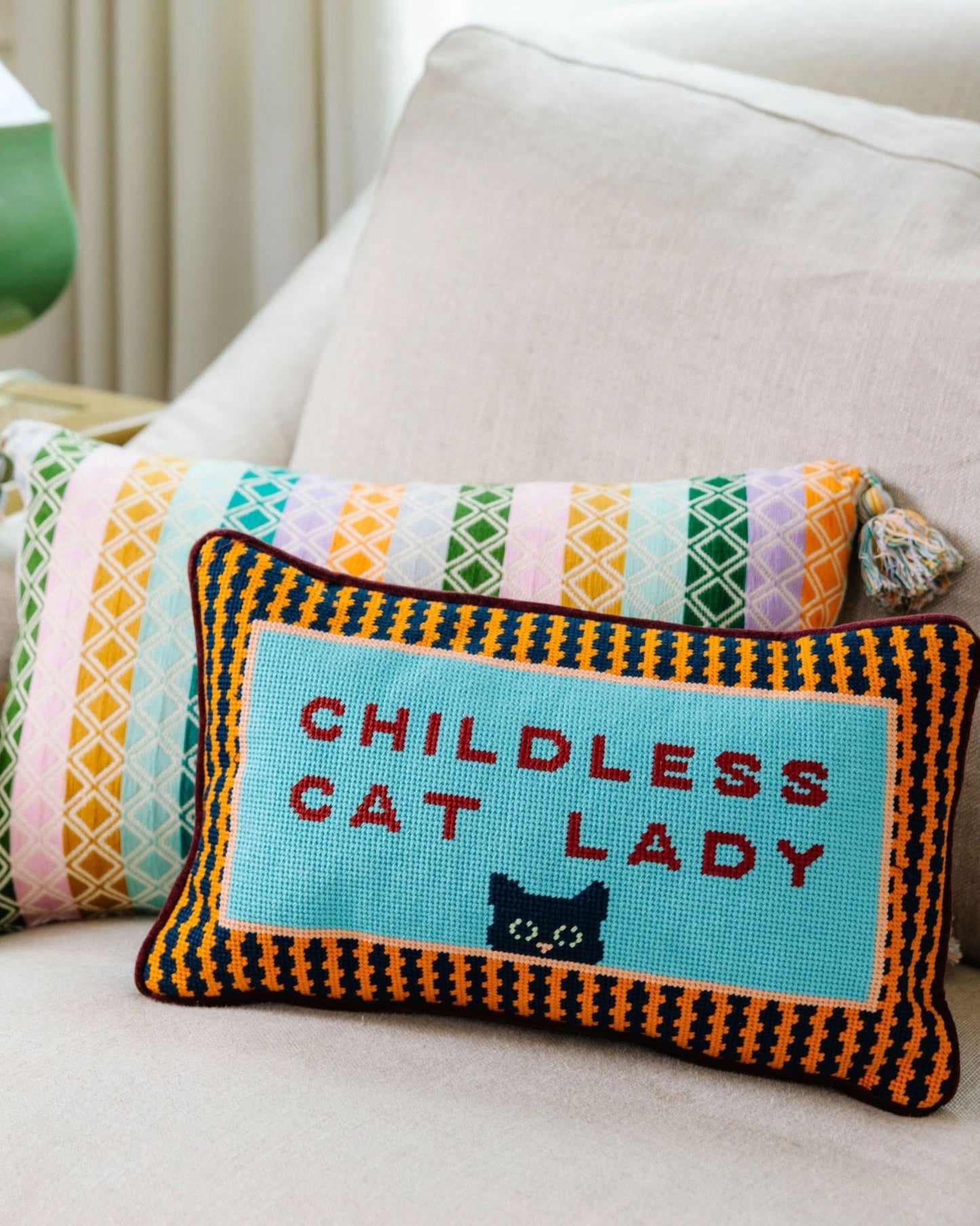 Blue Combo - Childless Cat Lady Needlepoint Pillow - Furbish Studio