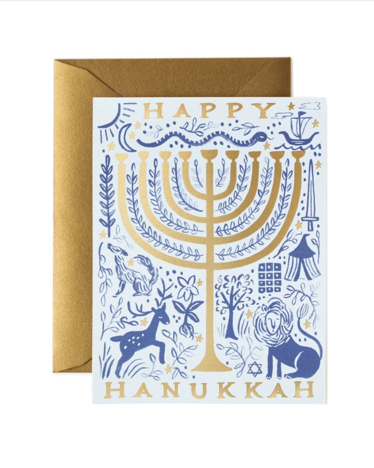 Hanukkah greeting card with a blue and gold menorah design, matching gold envelope, and the words “HAPPY HANUKKAH.”