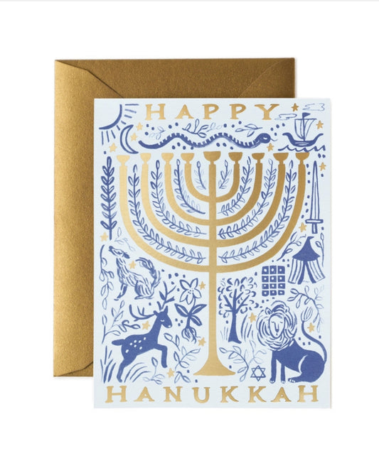 Hanukkah greeting card with a blue and gold menorah design, matching gold envelope, and the words “HAPPY HANUKKAH.”