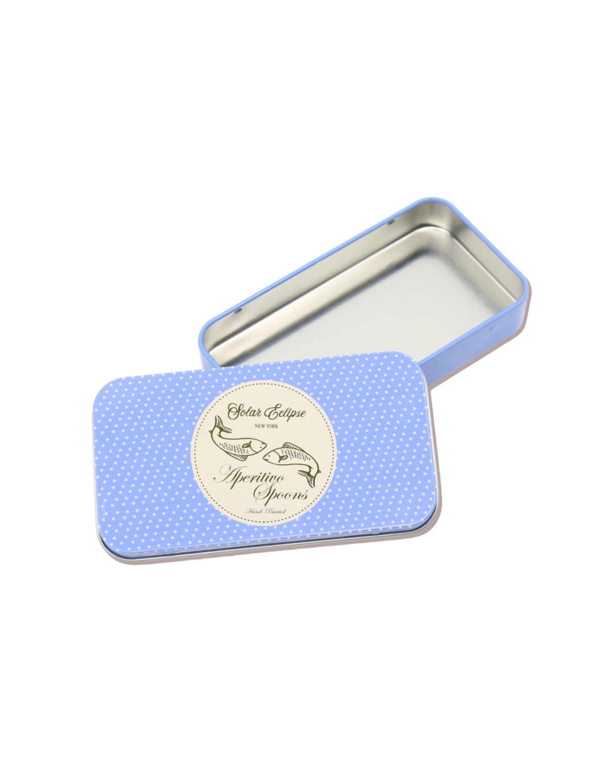 Open blue metal tin with a printed lid labeled Aperitivo Spores and Solar Eclipse New York.