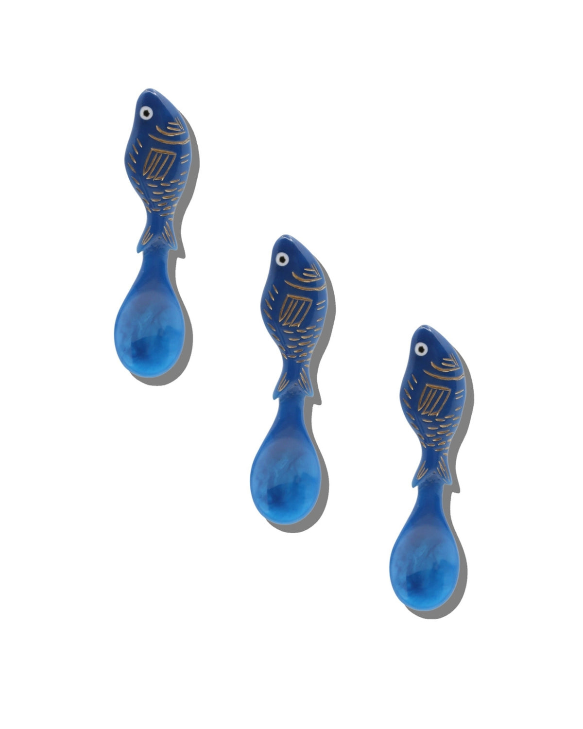 Set of three blue fish-shaped spoons with gold-colored decorative markings.