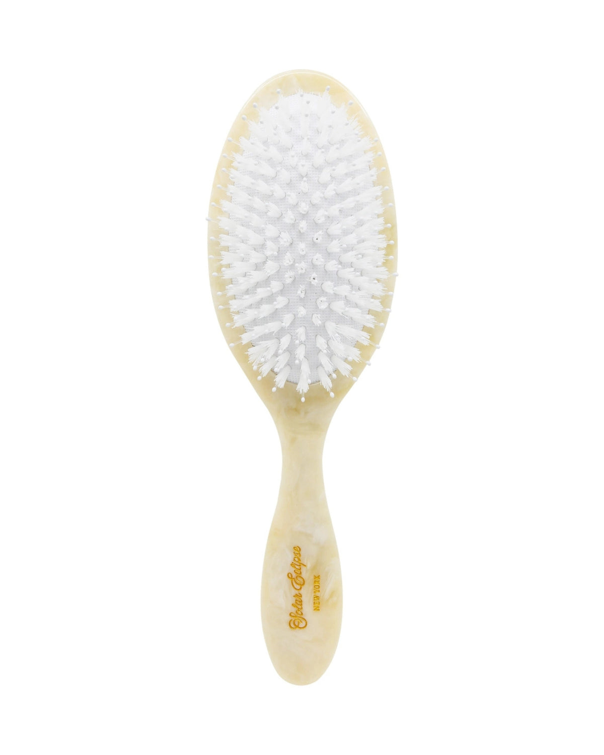 Front view of a hand-painted hair brush with white bristles and a brown-and-cream handle.