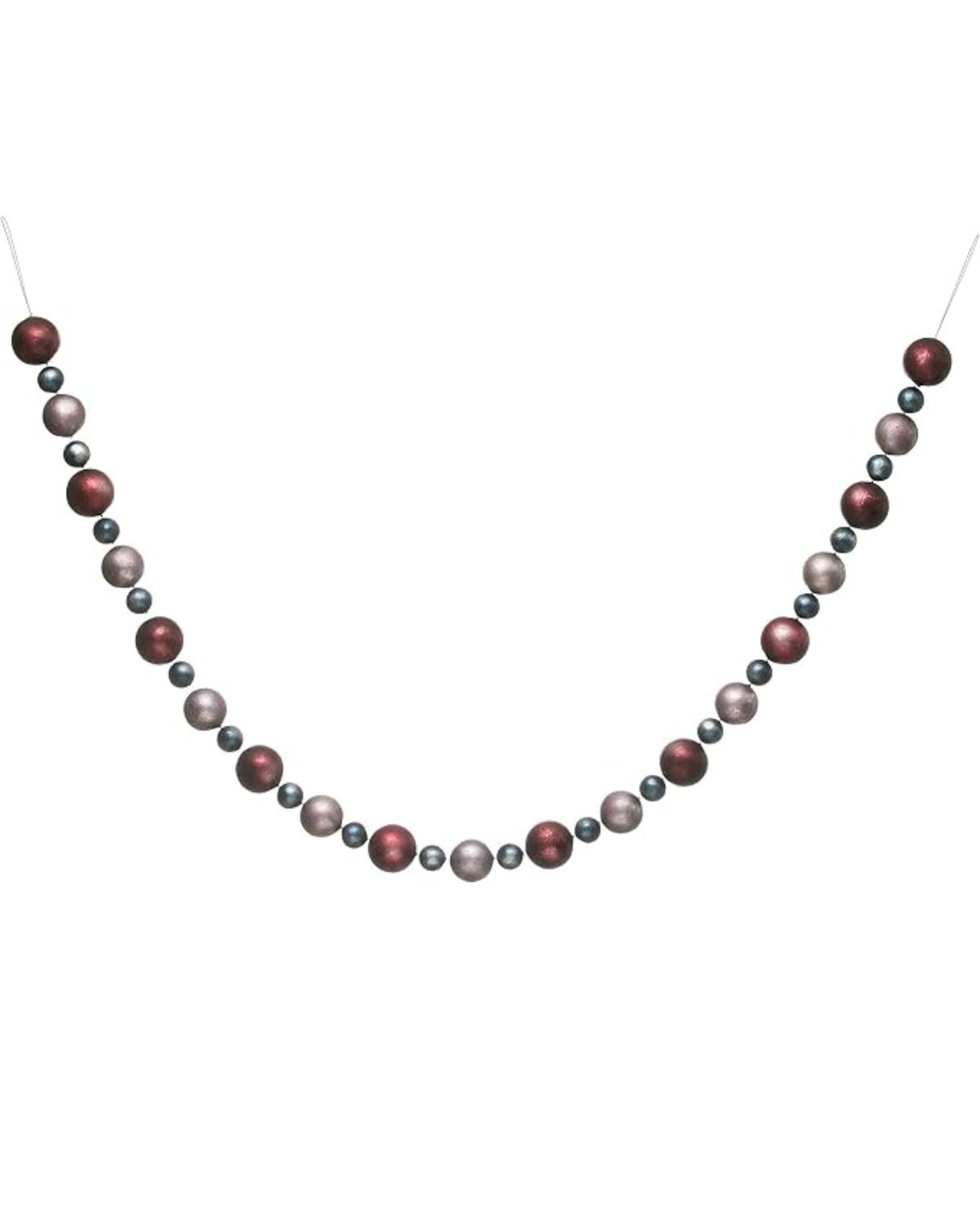 Christmas ball garland arranged in a wide U shape, with alternating burgundy, blue-gray, and mauve balls.