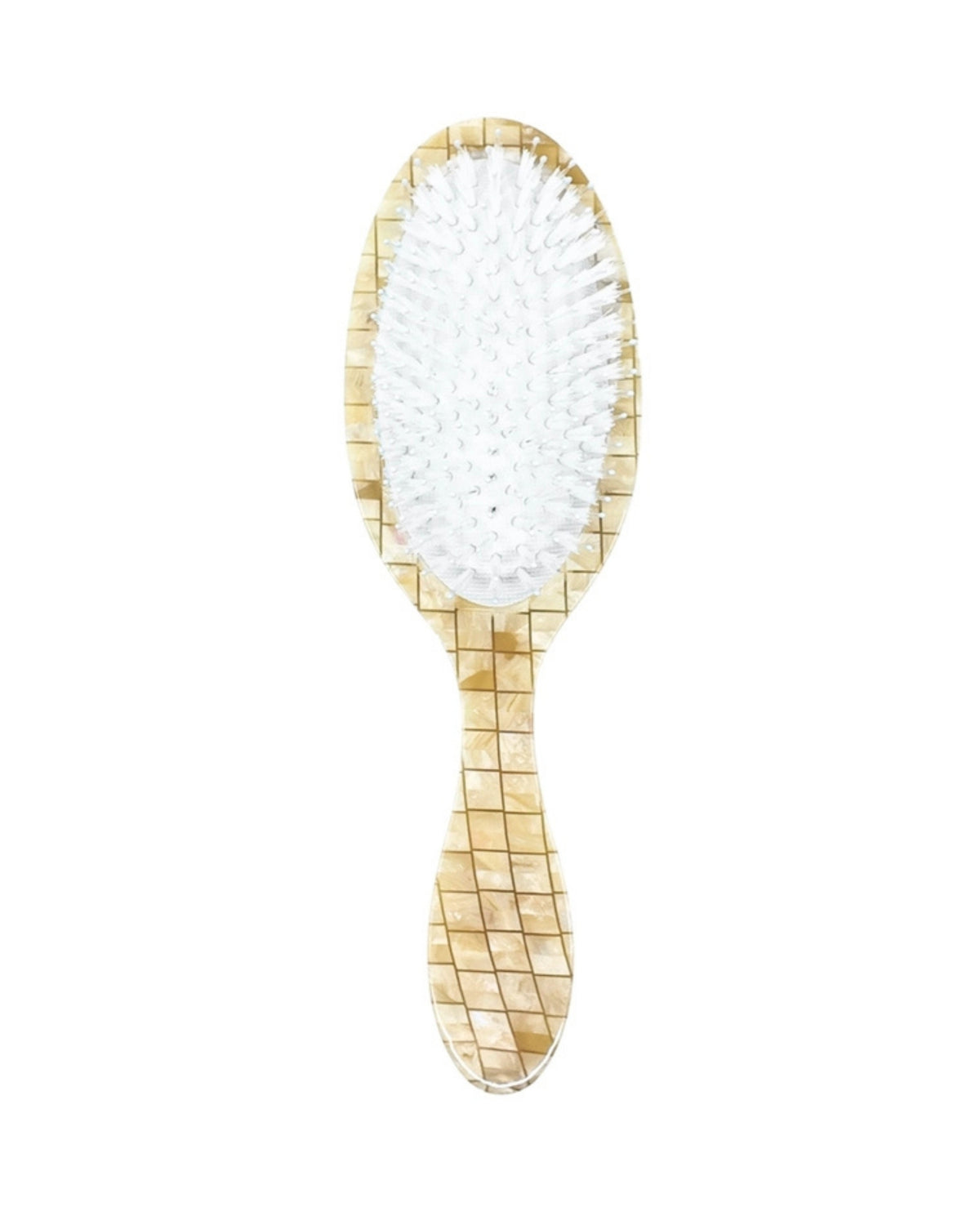 Front view of a champagne-colored hair brush with white bristles and a patterned handle.